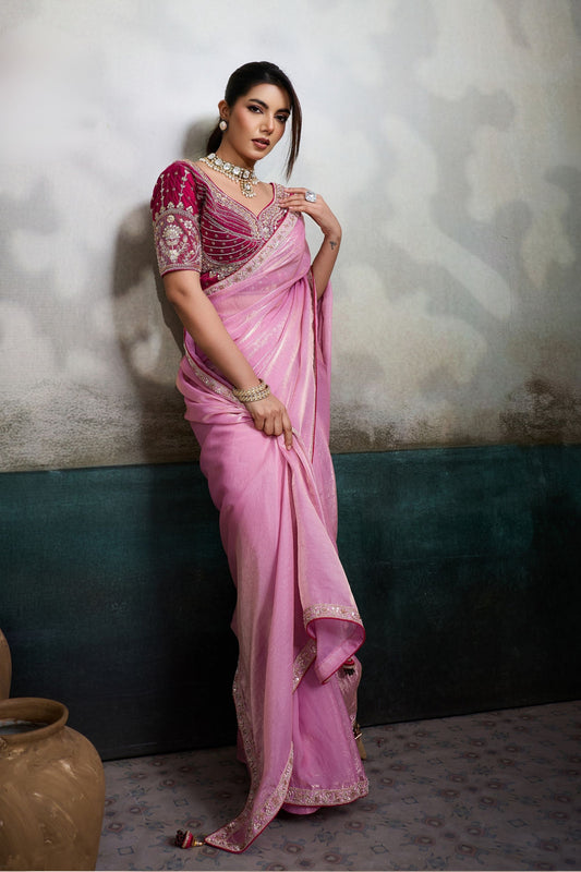 Pink Organza Saree with Heavy Embroidered Designer Blouse 