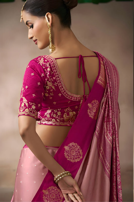 Pink Silk Saree with Contrast Rani Pink Zari Border