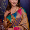 Golden Beige Soft Silk Saree with Multicolor Temple Border Design
