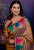 Golden Beige Soft Silk Saree with Multicolor Temple Border Design