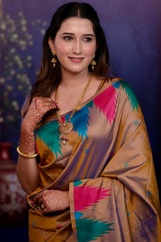 Golden Beige Soft Silk Saree with Multicolor Temple Border Design