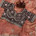 Rose Gold Tissue Silk Saree with Embroidered Border and Designer Blouse