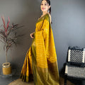 Mustard Yellow and Olive Green Banarasi Silk with Zari Weaving Saree