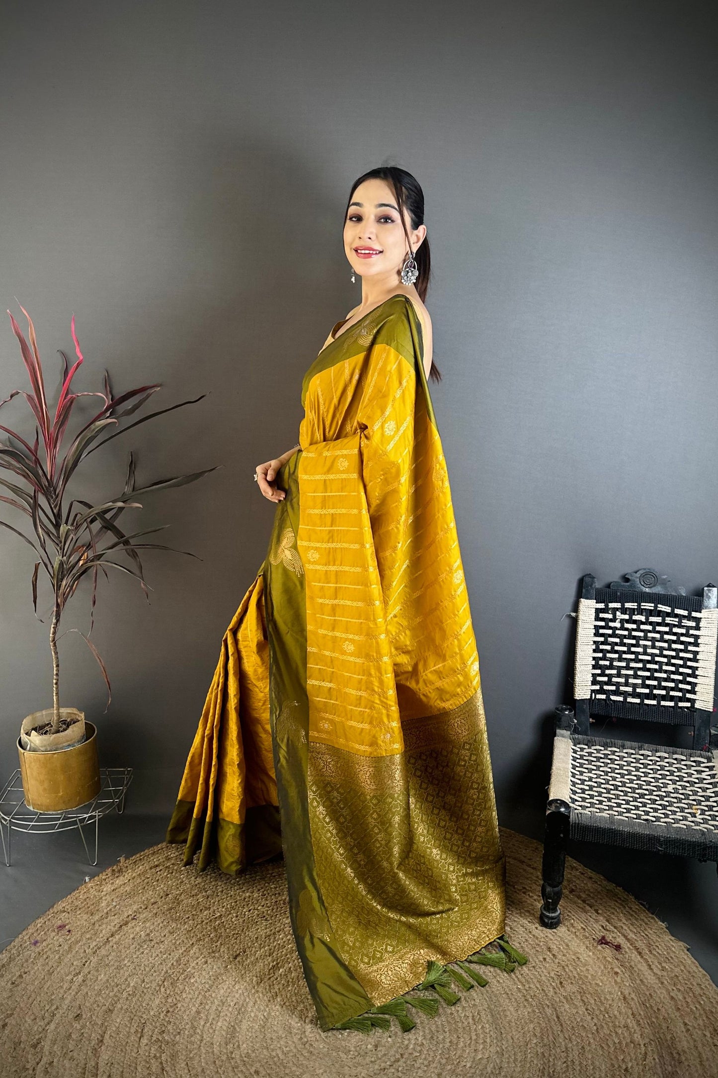 Mustard Yellow and Olive Green Banarasi Silk with Zari Weaving Saree
