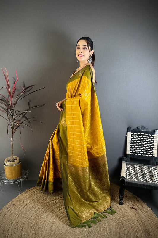 Mustard Yellow and Olive Green Banarasi Silk with Zari Weaving Saree