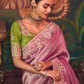 Pink Silk Saree with Heavy Border Contrast Green Designer Blouse