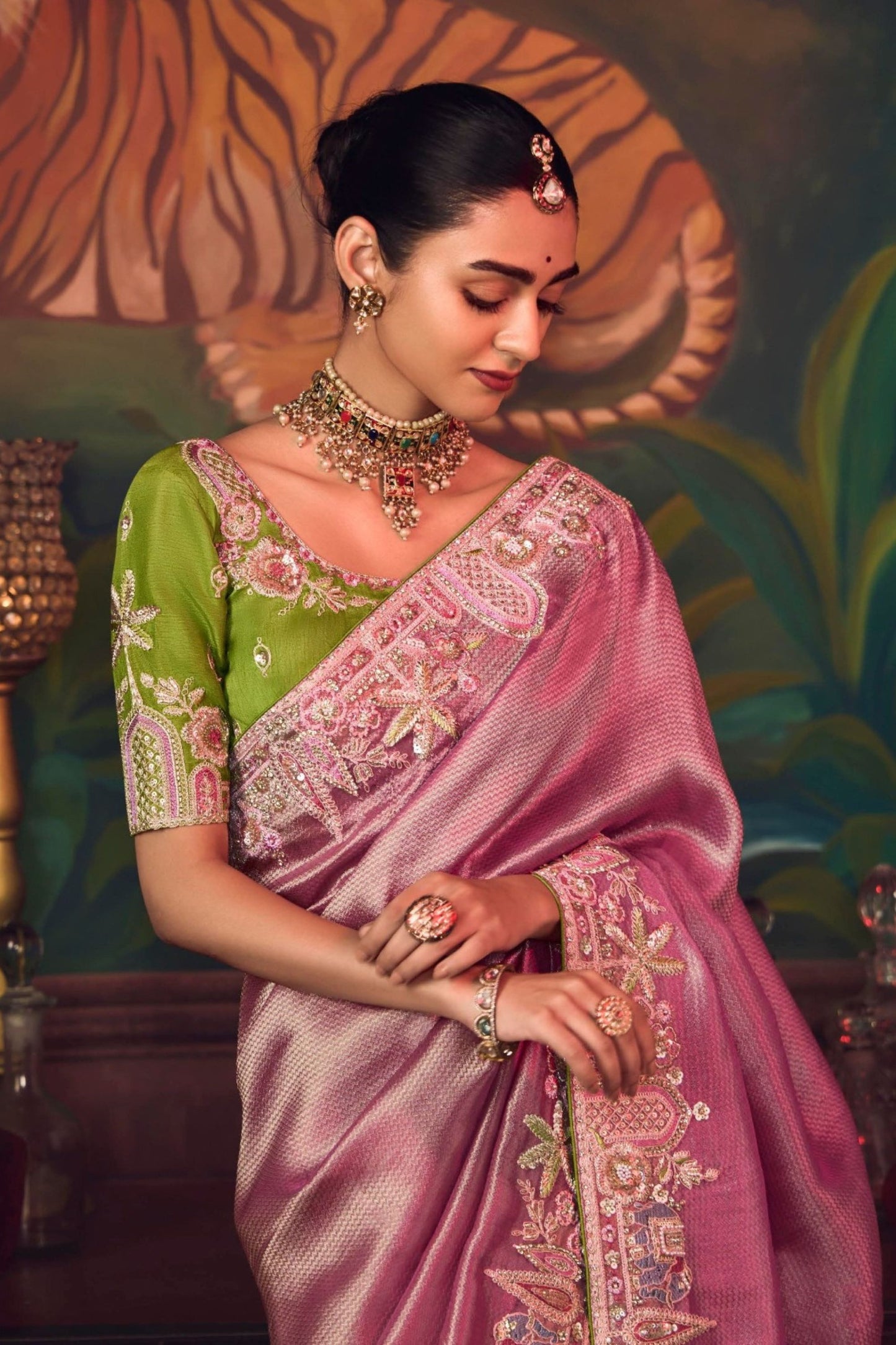 Pink Silk Saree with Heavy Border Contrast Green Designer Blouse
