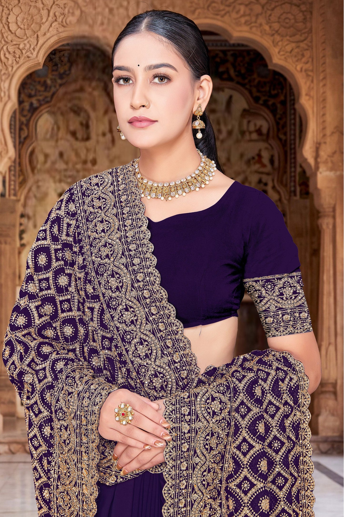 Purple Georgette Saree Heavy Gold Zari Embroidery Designer Blouse