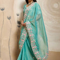 Aqua Blue Net Saree with Floral Embroidery Matching Blouse