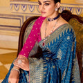 Royal Blue Banarasi Silk Saree with Golden Zari Contrast Pink Blouse
