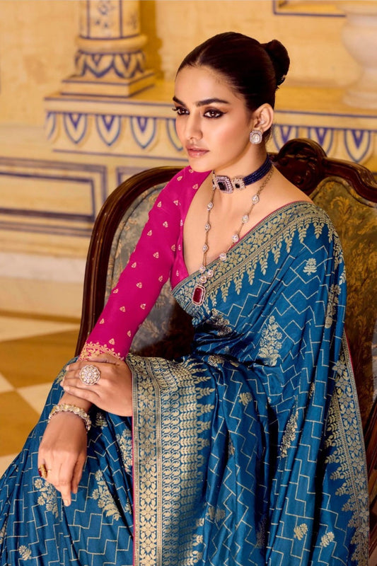 Royal Blue Banarasi Silk Saree with Golden Zari Contrast Pink Blouse
