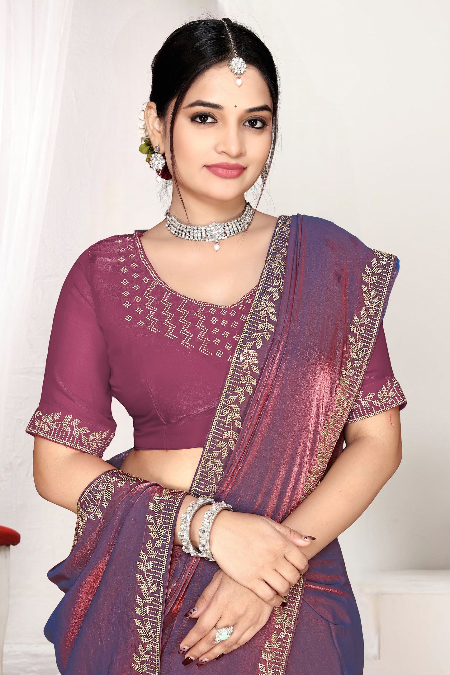 Wine Purple Silk Saree with Golden Zari Border Designer Saree