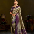 Elegant Gold Purple Kanjivaram Silk Saree Traditional Zari Border