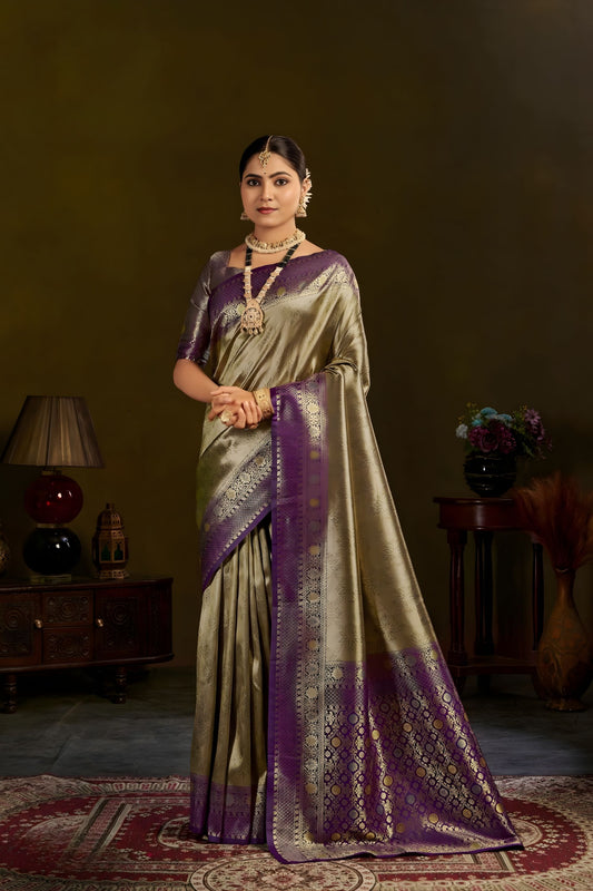 Elegant Gold Purple Kanjivaram Silk Saree Traditional Zari Border
