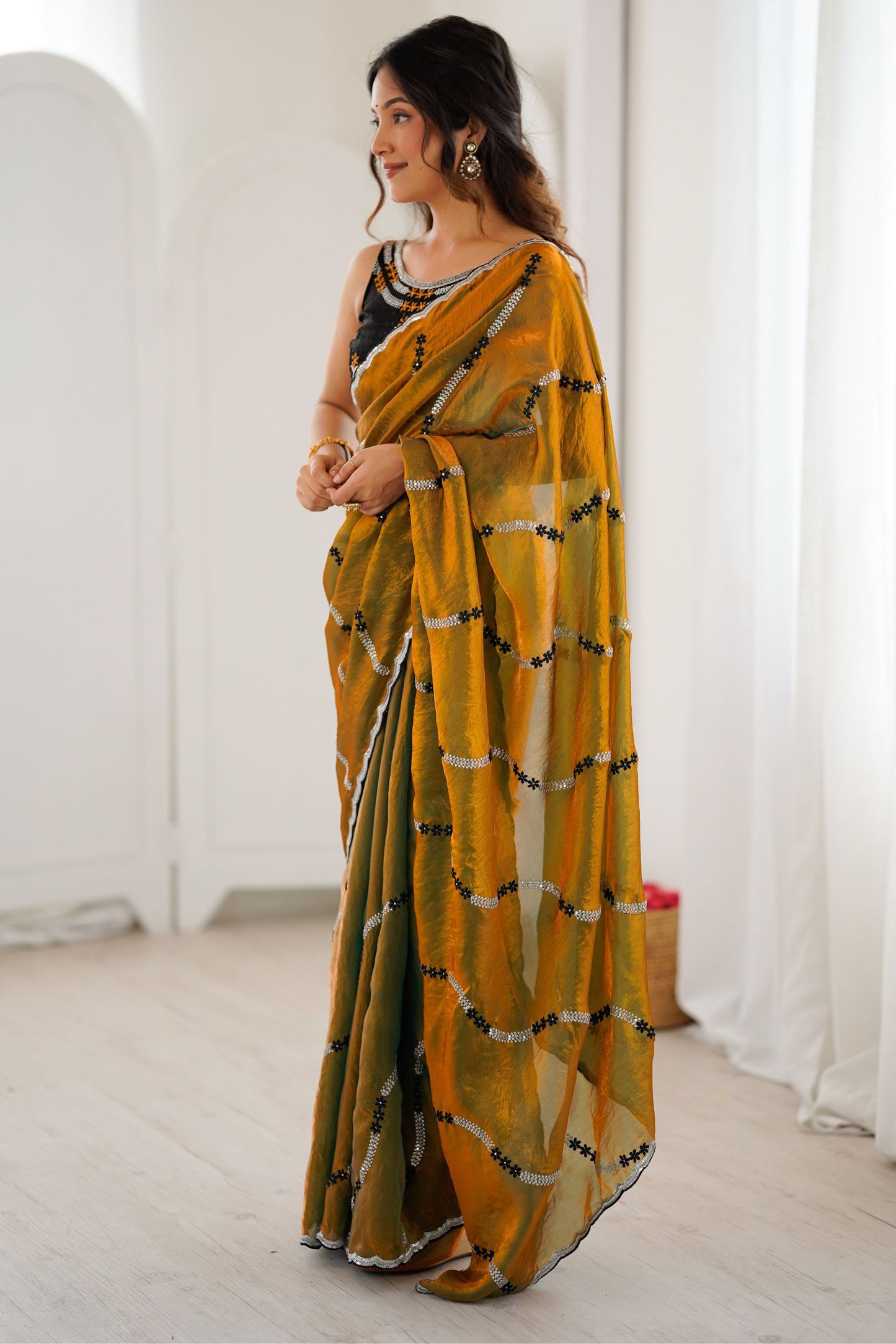 Mustard Gold Tissue Silk Saree Black Embroidered Sequin Designer Blouse