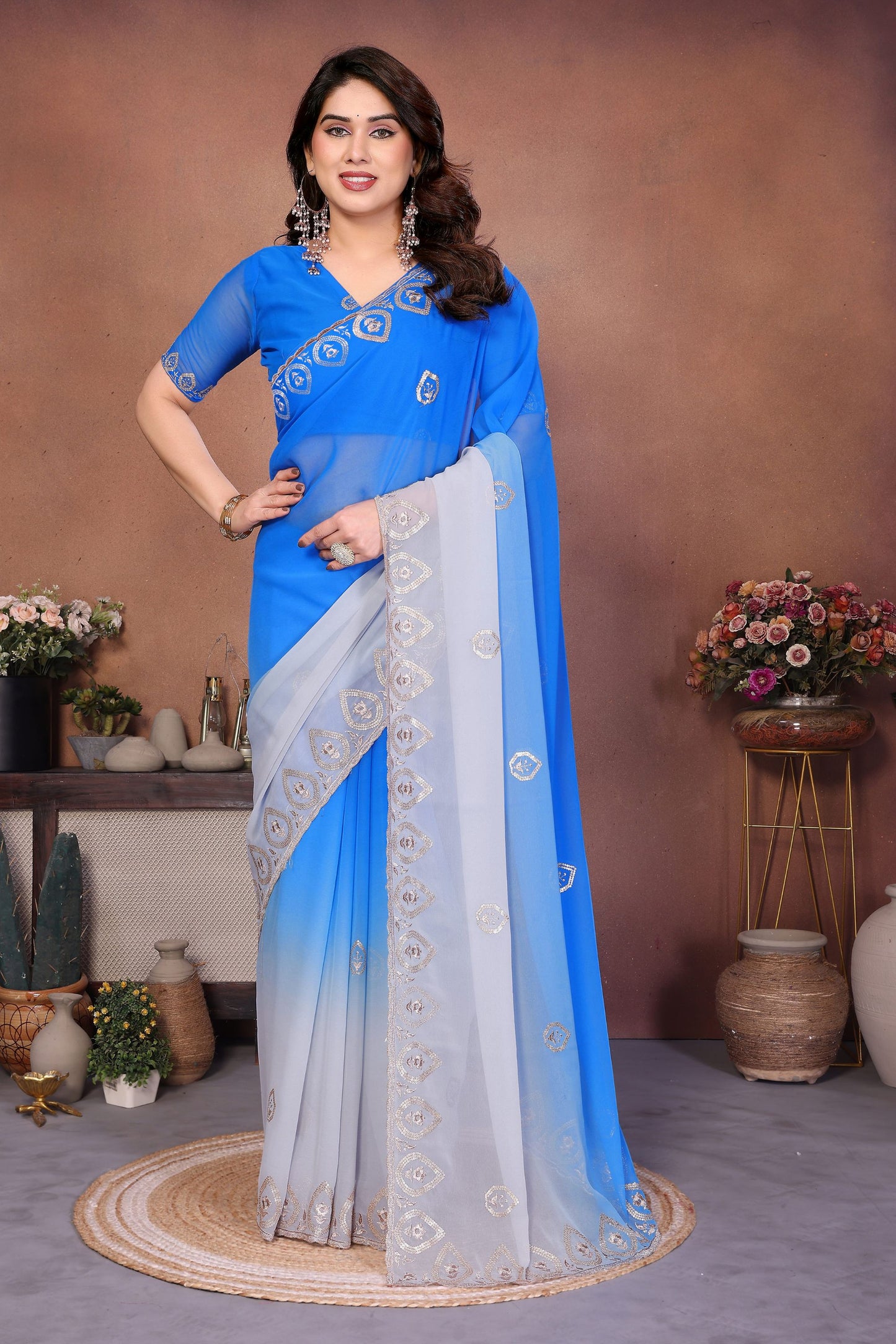 Royal Blue and Grey Georgette Saree Embroidered Border Work