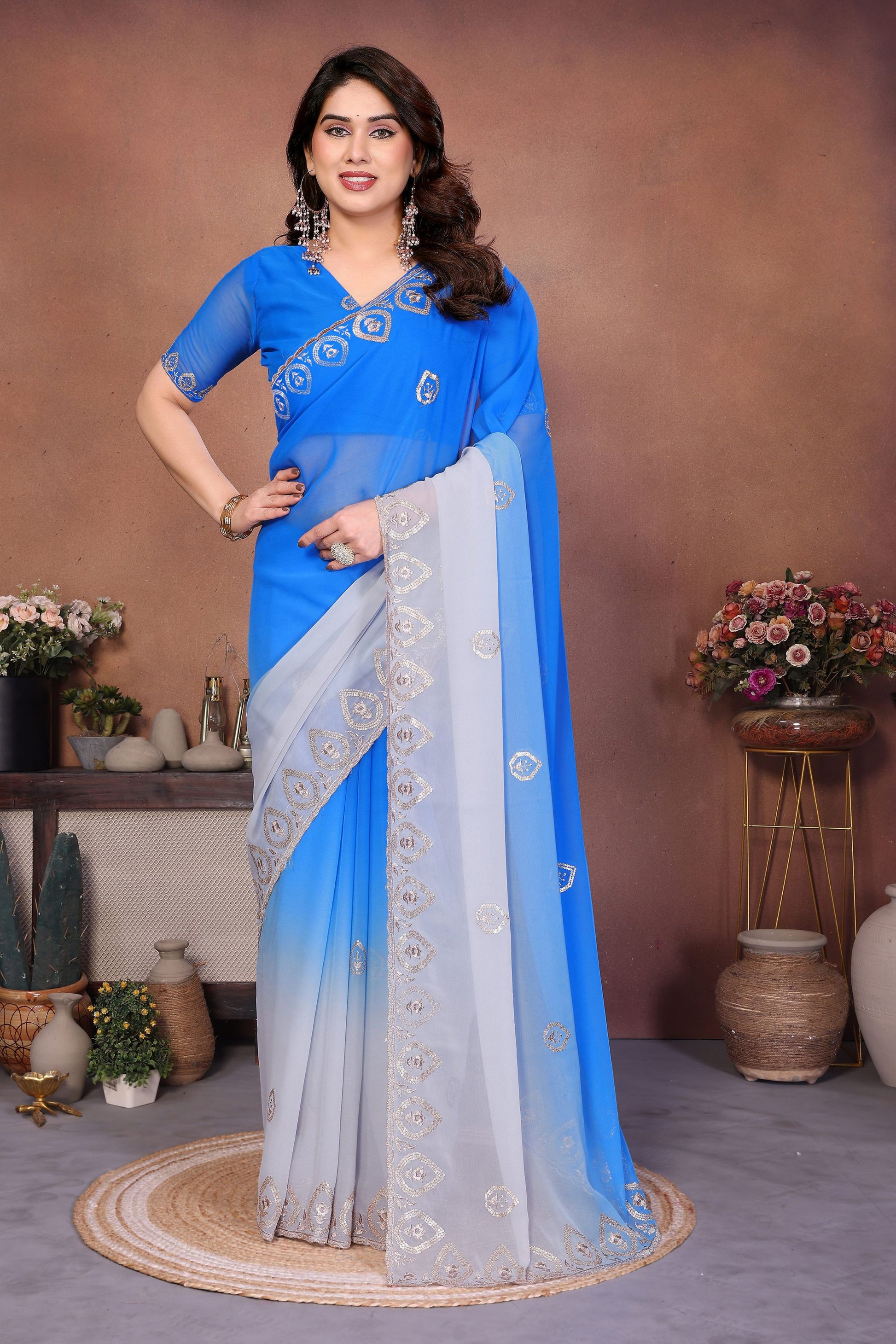 Royal Blue and Grey Georgette Saree Embroidered Border Work
