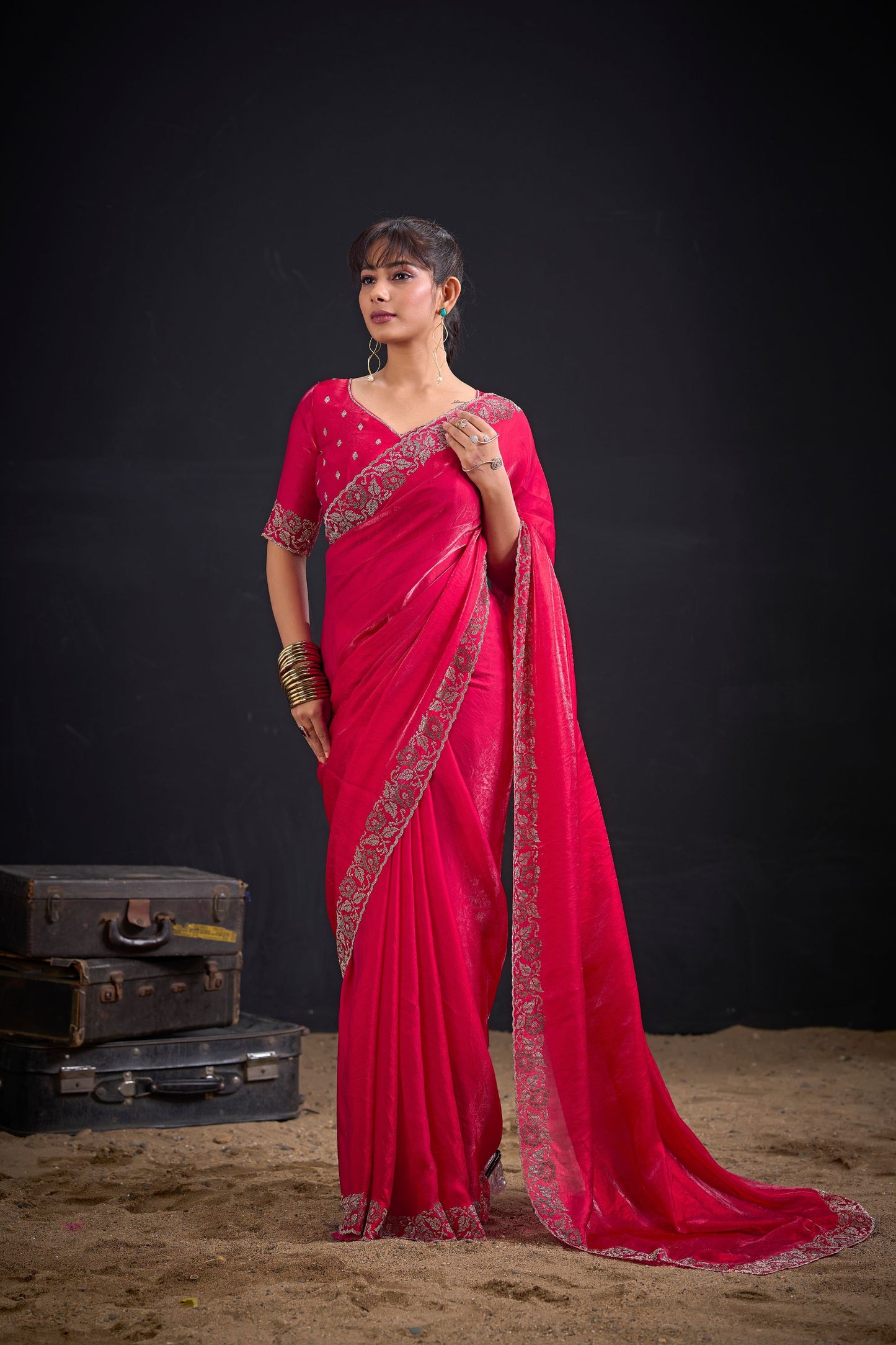 Rani Pink Silk Saree Antique Gold Zari Border Party Wear Saree
