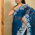 Teal Blue Embroidered Georgette Saree Heavy Floral Border Designer Blouse