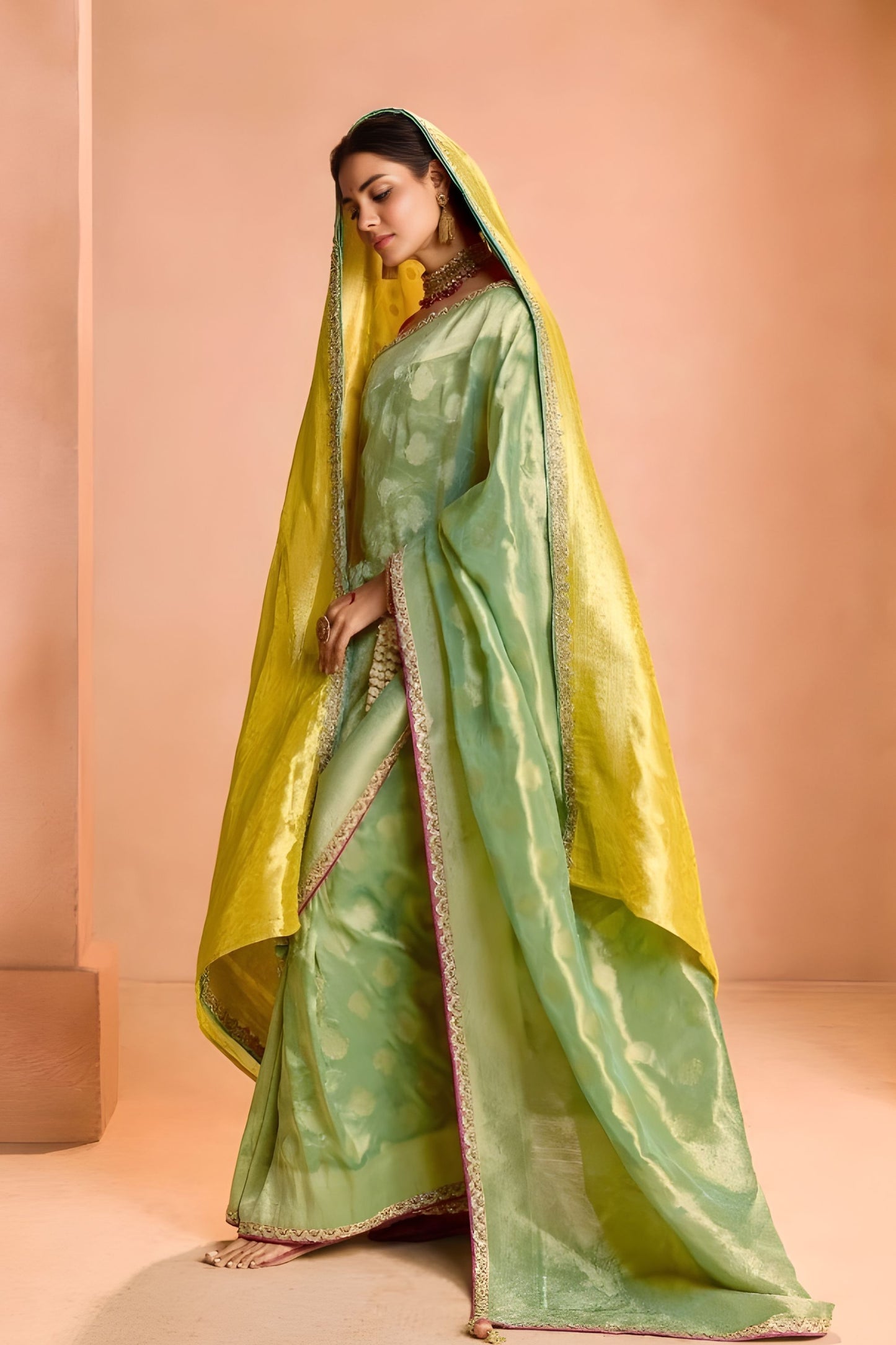 Pastel Green Soft Silk Saree with Woven Butti Designer Blouse