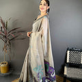 Taupe Grey Linen Cotton Saree with Artistic Elephant Print Pallu