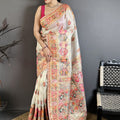 Off White Soft Silk Saree Pink Gold Traditional Woven Border