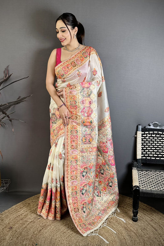 Off White Soft Silk Saree Pink Gold Traditional Woven Border