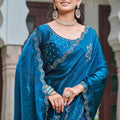 Teal Blue Silk Saree Embroidered Floral Border Designer Blouse