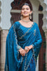 Teal Blue Silk Saree Embroidered Floral Border Designer Blouse
