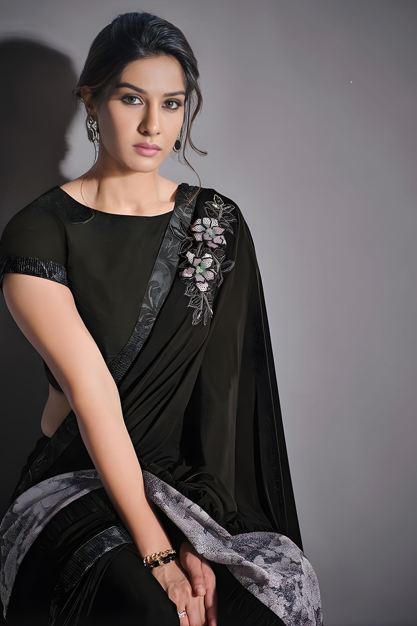 Black Designer Georgette Saree with Printed Border Party Wear