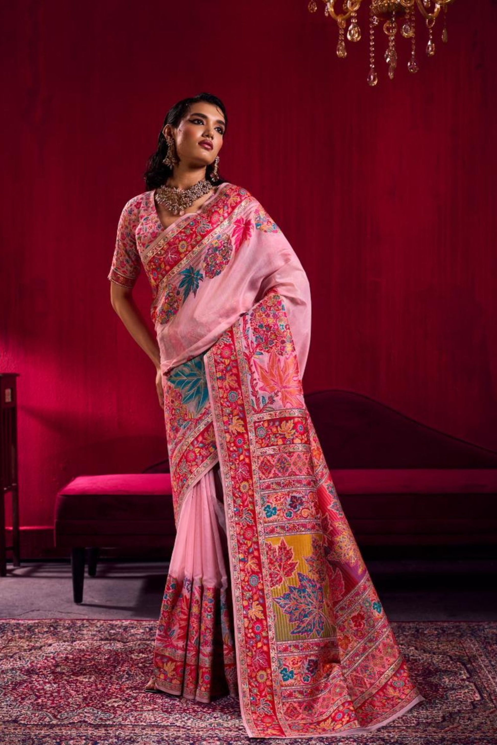 Pink Silk Saree with Red Floral Designer Border Traditional Saree