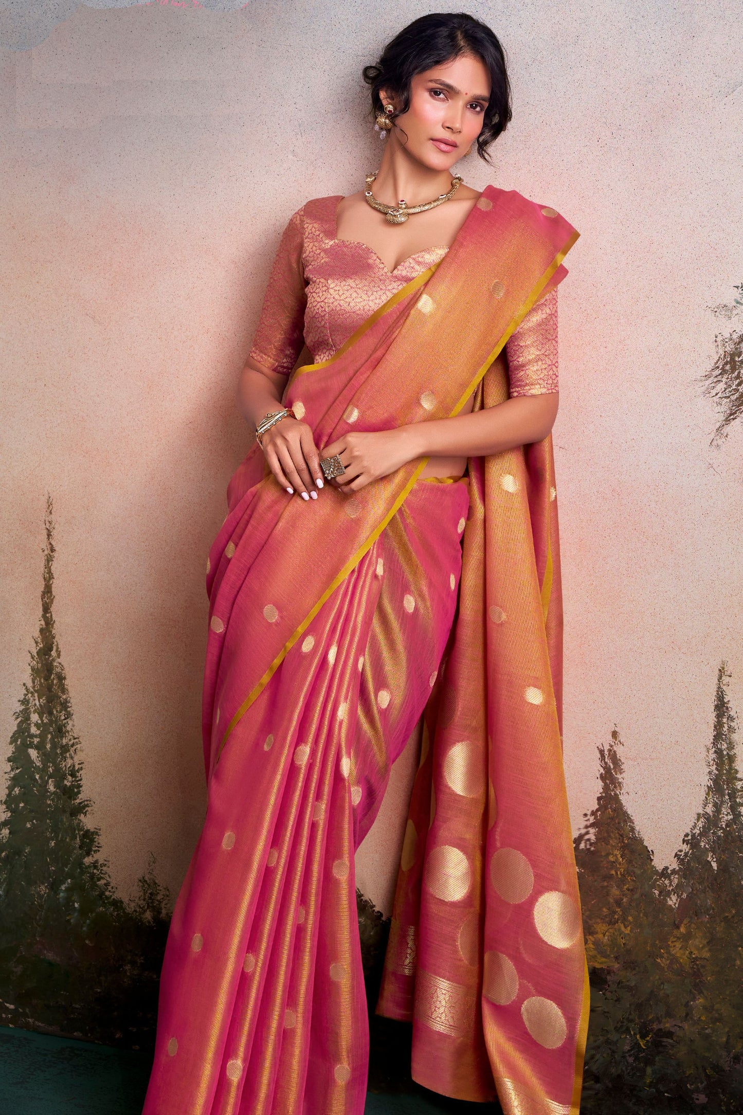 Pink Golden Silk Saree with Zari Polka Dot Weaving Designer Saree