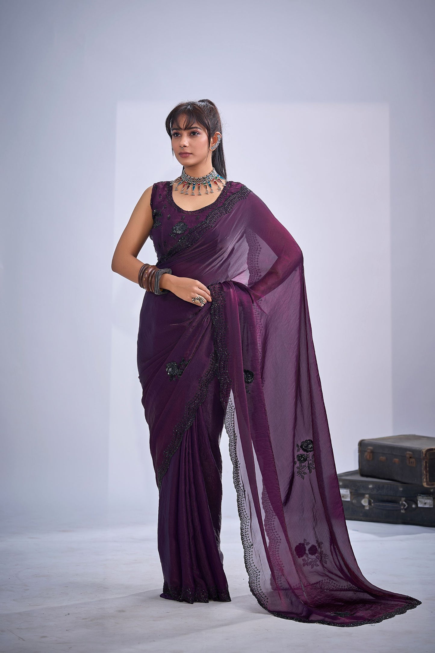 Purple Organza Saree with Black Floral Embroidery Designer Party Wear Saree