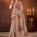 Designer Beige Embroidered Linen Saree Festive Wear