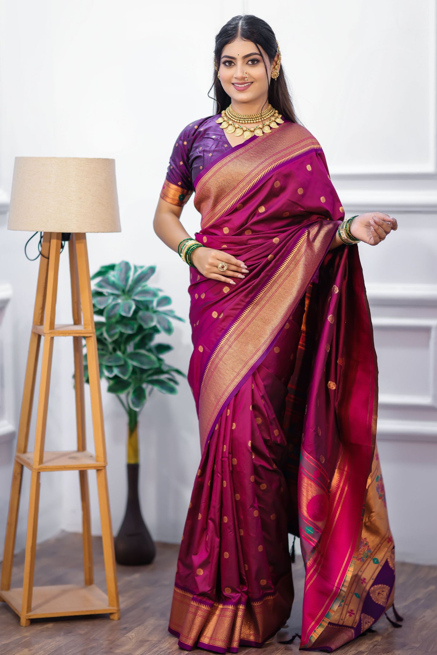 Rani Pink Kanjivaram Silk Saree with Gold Zari Border Butti Work