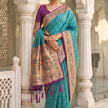 Turquoise Blue Paithani Silk Saree Traditional Zari Border Purple Designer Blouse