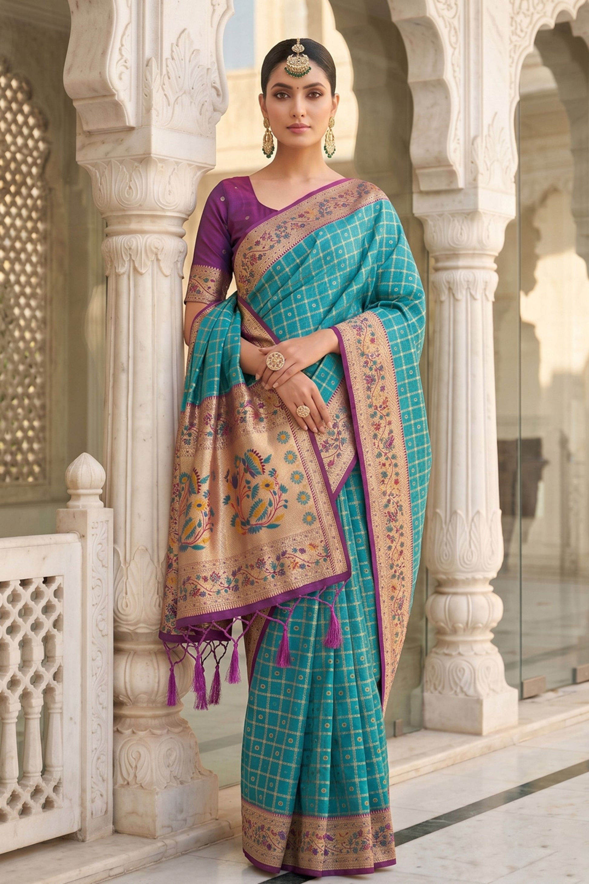 Turquoise Blue Paithani Silk Saree Traditional Zari Border Purple Designer Blouse