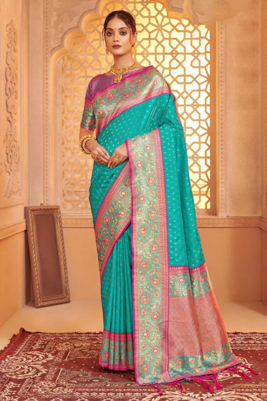 Turquoise Banarasi Silk Saree Blouse Piece Elegant