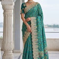 Teal Green Banarasi Silk Saree Heavy Zari Embroidery Rich Designer Border