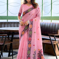 Beautiful Pink Linen Cotton Printed Saree with Floral Border and Blouse