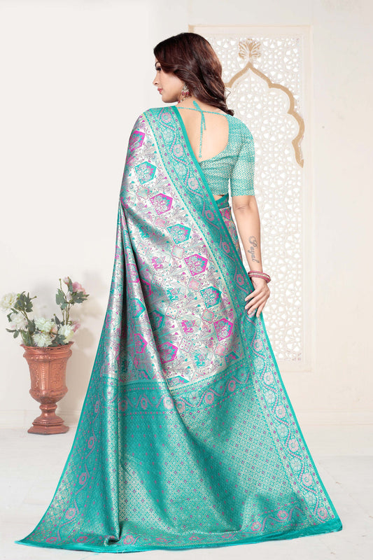 Sea Green Banarasi Silk Saree with Pink Woven Zari Design