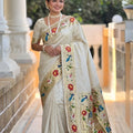 Off White Floral Woven Linen Silk Saree with Designer Peacock Border