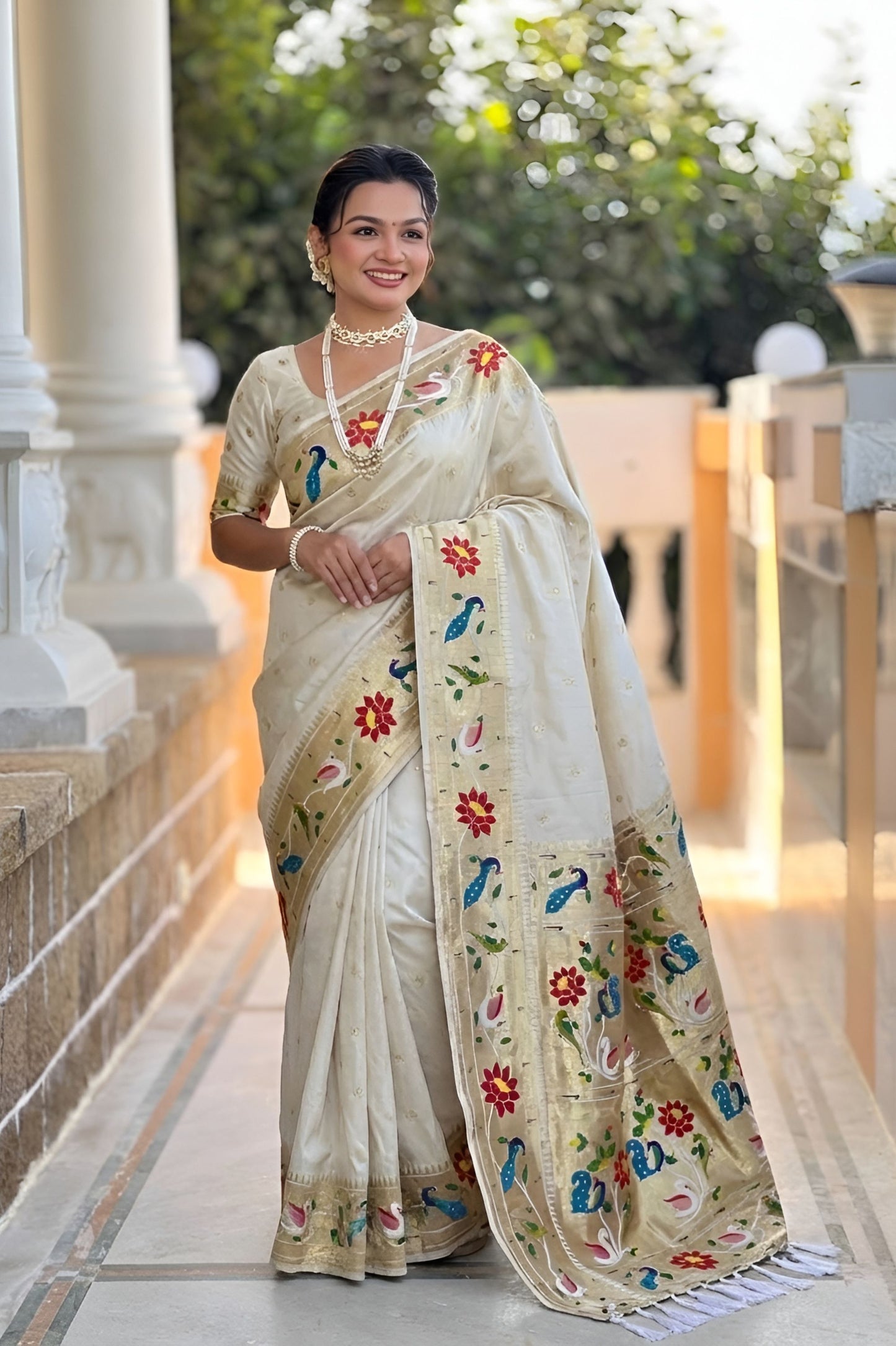 Off White Floral Woven Linen Silk Saree with Designer Peacock Border