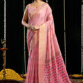 Elegant Pink Linen Blend Saree with Woven Geometric Motifs Contrast Pallu