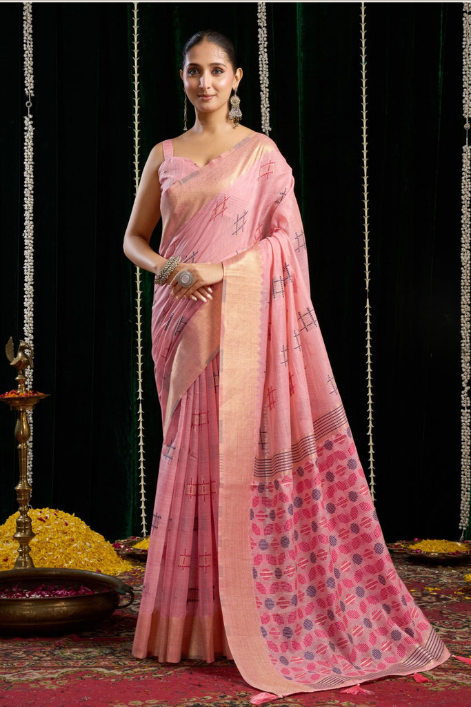 Elegant Pink Linen Blend Saree with Woven Geometric Motifs Contrast Pallu