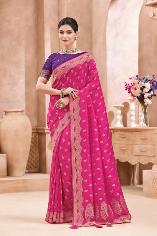 Rani Pink Banarasi Silk Saree with Gold Zari Border Designer Pallu 