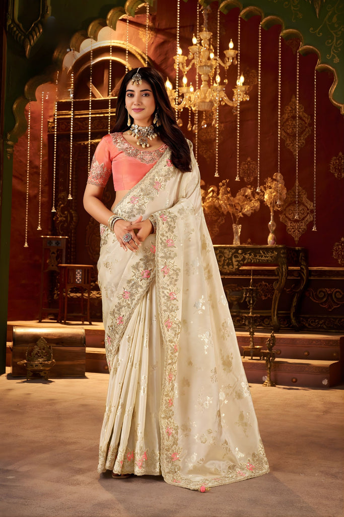Elegant Ivory Embroidered Silk Saree with Pink Designer Blouse 