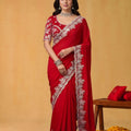 Royal Red Georgette Saree Heavy Sequins Embroidered Border Designer Blouse