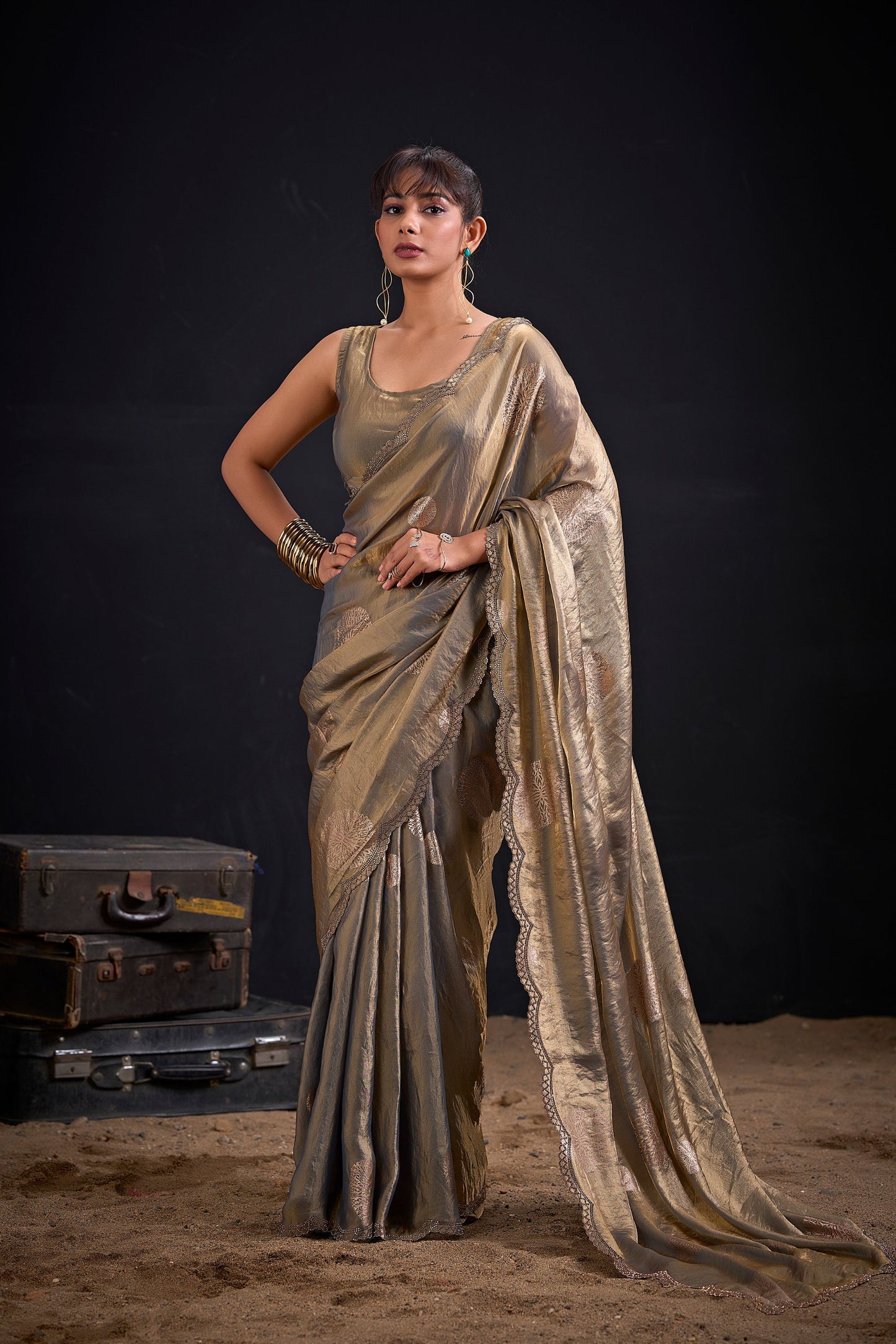 Golden Grey Tissue Silk Saree with Subtle Zari Butti Work