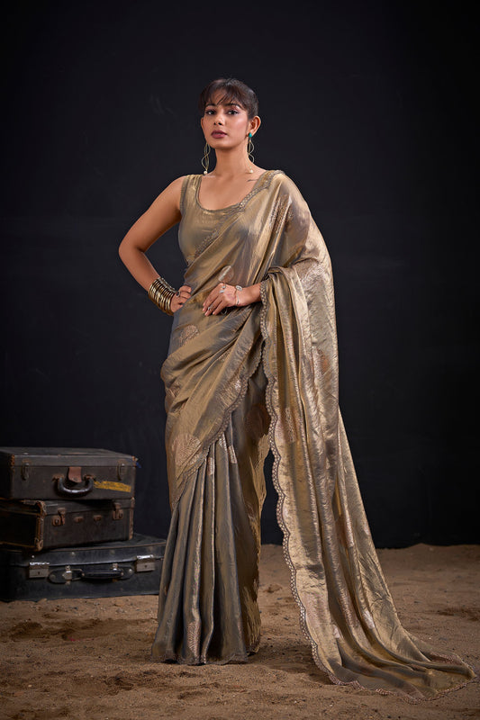 Golden Grey Tissue Silk Saree with Subtle Zari Butti Work